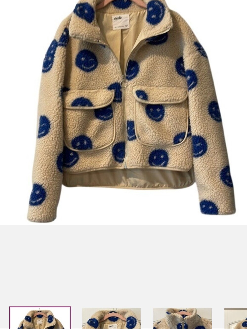 Elodie Smiley Happy Face Cream /87 Blue Teddy Jacket Plush Zip Front Coat